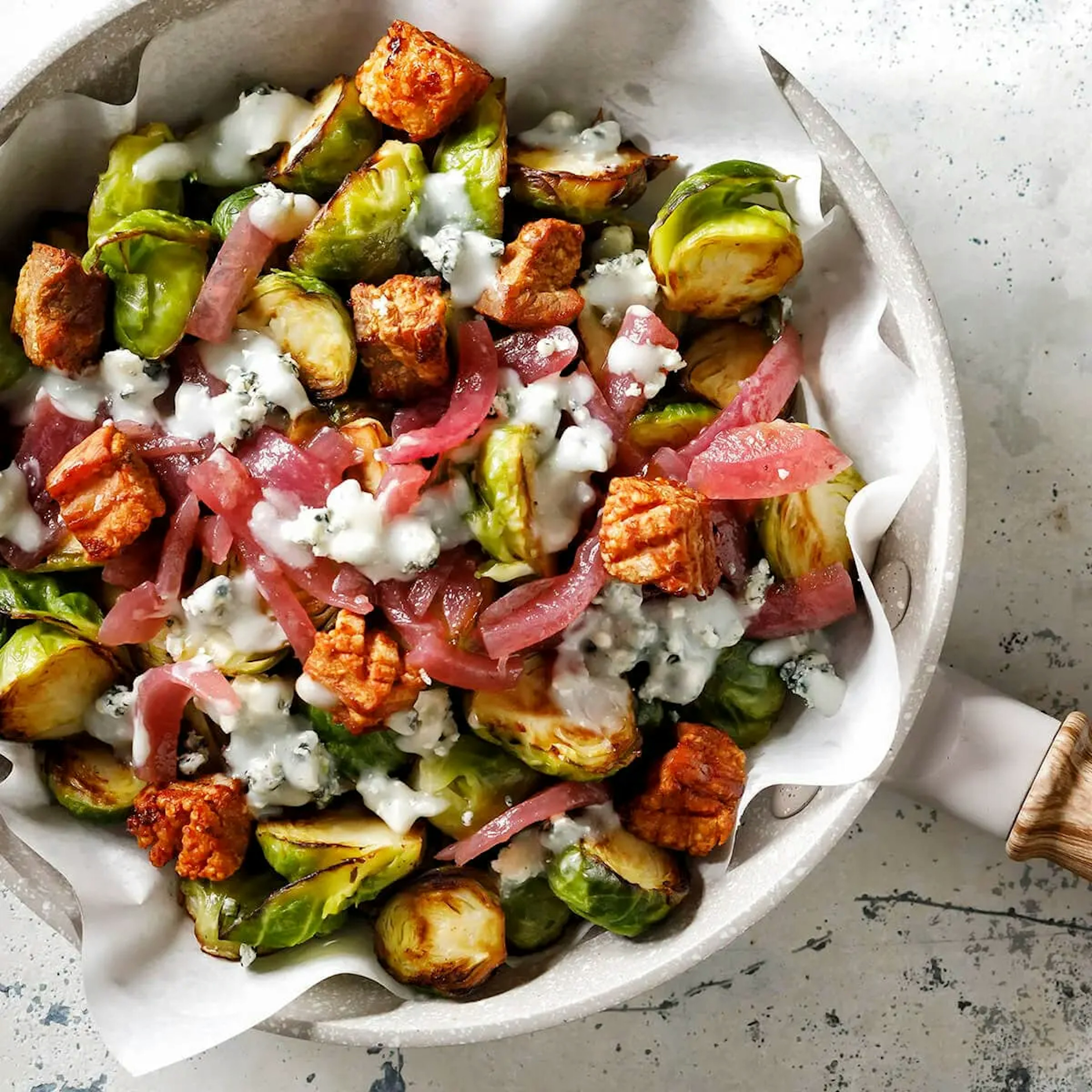 Pork Belly, Stilton Blue and Red Onion Jam Roasted Brussels Sprouts