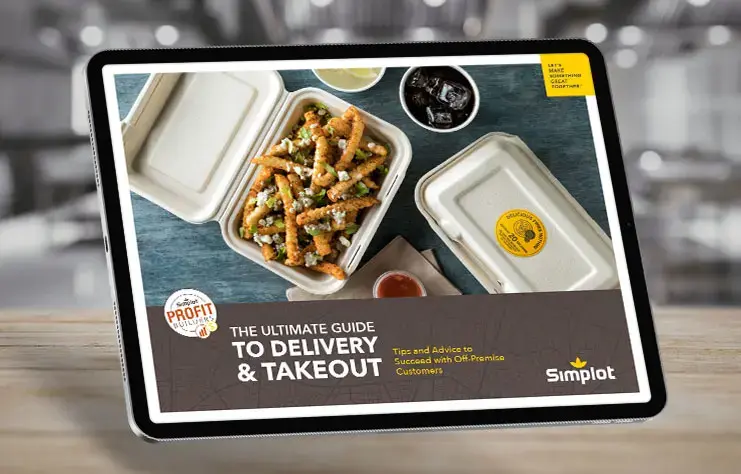 Tablet in kitchen displaying the Simplot Ultimate Guide to Delivery & Takeout